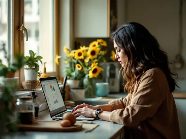 Mujer trabajando en su computador en la cocina